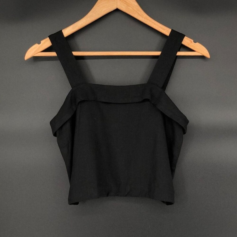 American Eagle Linen Blend Smocked Back Crop Tank Top XS Black Coastal Beach